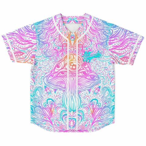 pastel psychedelic mushroom rave baseball jersey with all-seeing eye caps flat front view