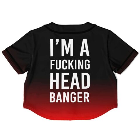 Back view of crop top featuring bold white text design