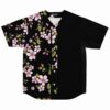 Black baseball jersey with cherry blossom print on left side front view flat lay