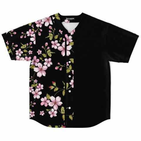 Black baseball jersey with cherry blossom print on left side front view flat lay