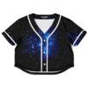 Black celestial rave crop top, front view, starry night sky design
