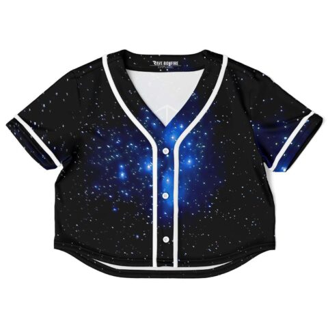 Black crop jersey with starry night sky and celestial design.
