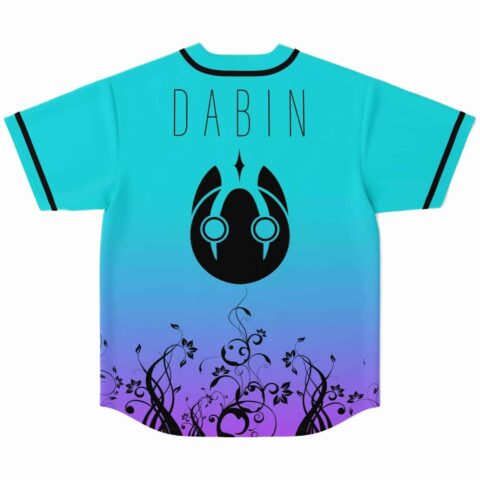 Turquoise rave jersey back view with DABIN text and black creature emblem over floral vines