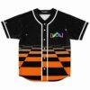 Black starry sky jersey with orange checkerboard gradient and colorful geometric chest logo, front view