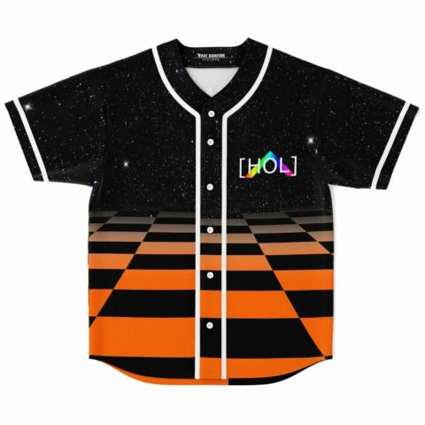 Black starry sky jersey with orange checkerboard gradient and colorful geometric chest logo, front view