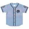Pastel sky baseball jersey with cloud print, circular R logo on chest, front flat lay