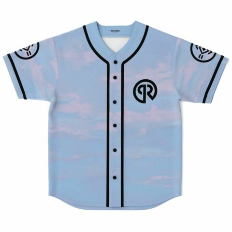 Pastel sky baseball jersey with cloud print, circular R logo on chest, front flat lay