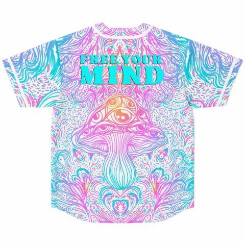 back view of pastel mushroom jersey with teal free your mind text print