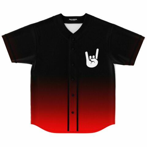 Black to red ombre rave baseball jersey with white rock hand sign front view