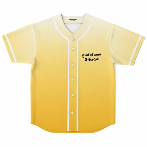 Pale yellow gradient rave baseball jersey with gudetama squad text flat lay front view