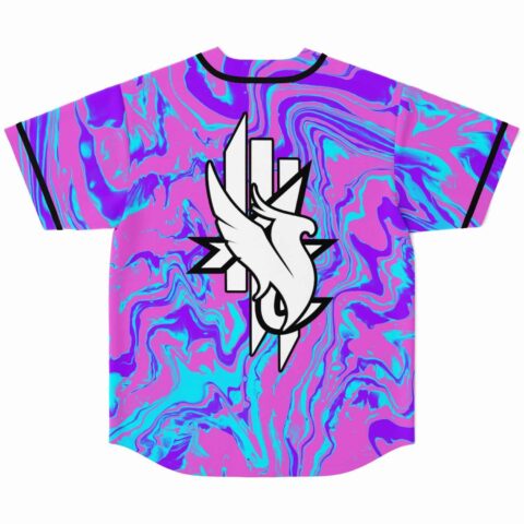 Back view of pink liquid marble jersey showing white wing and star emblem