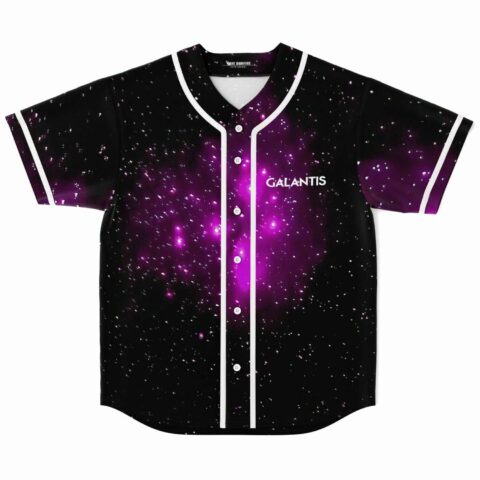 Purple galaxy rave baseball jersey with Galantis text laid flat front view