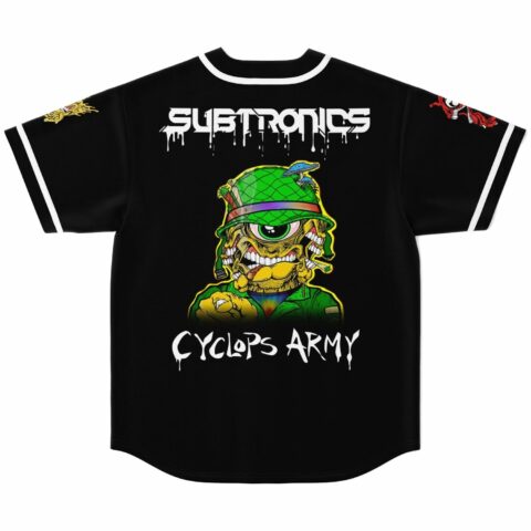 Cyclops Army soldier graphic on black rave baseball jersey with dripping Subtronics logo, back view