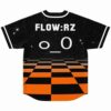 Starry sky jersey back with orange checkerboard gradient, FLOW:ERZ text and 0 0 graphic
