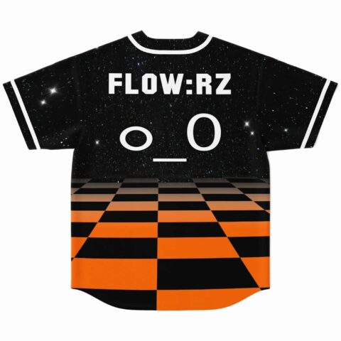 Starry sky jersey back with orange checkerboard gradient, FLOW:ERZ text and 0 0 graphic