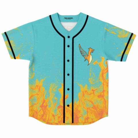Turquoise baseball jersey with orange flame print and fire-breathing dragon on chest, front view