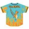 Back view of turquoise jersey showing orange flames and dragon graphic under text reading Illoenium