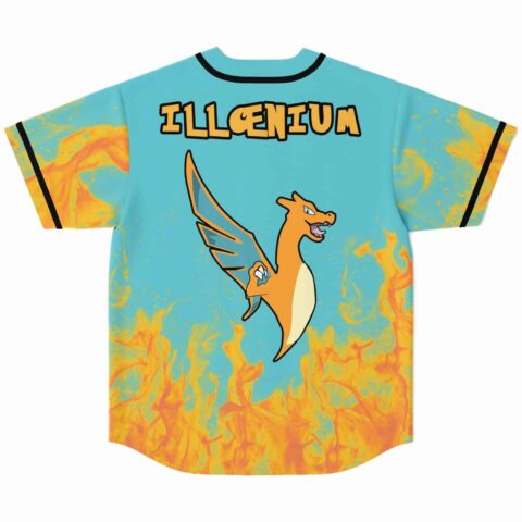 Back view of turquoise jersey showing orange flames and dragon graphic under text reading Illoenium
