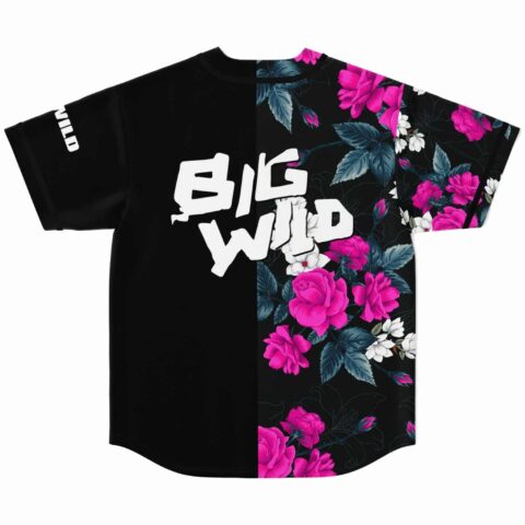 Black rose floral baseball jersey back view with BIG WILD text print