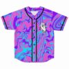 Pink liquid marble rave baseball jersey with black buttons front view flat lay