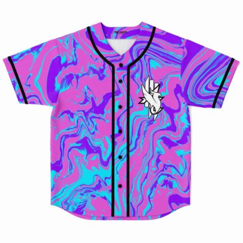 Pink liquid marble rave baseball jersey with black buttons front view flat lay