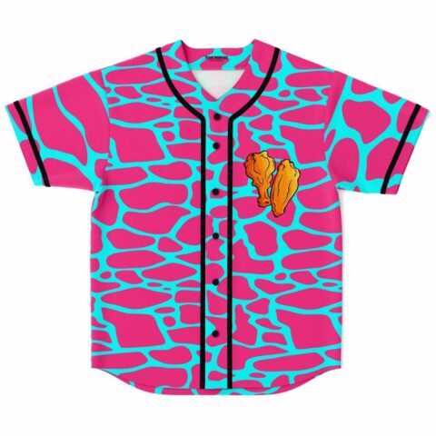 Hot pink cow print rave baseball jersey with cartoon fried chicken graphic, front view