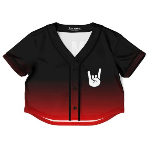 Black and red gradient crop top with rock hand graphic