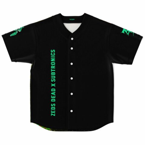 Black bass-inspired baseball jersey with green Zeds Dead x Subtronics text down front placket