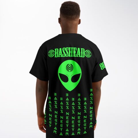 Black jersey back view with neon green alien head and BASSHEAD text print