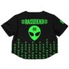 Back view of the black green alien rave crop top with bold green text and alien motif