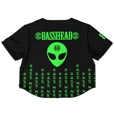 Back view of black crop top jersey with bold green text and alien motif