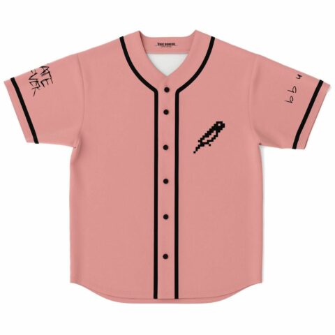 Dusty pink baseball jersey with pixel lightning bolt graphic and black trim front view