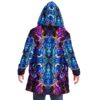 Model wears deep blue symmetrical fluid rave cloak with hood up, back view