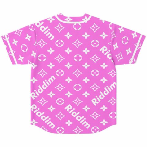 Pink monogram print rave jersey back view showing repeating Riddim script and floral emblems