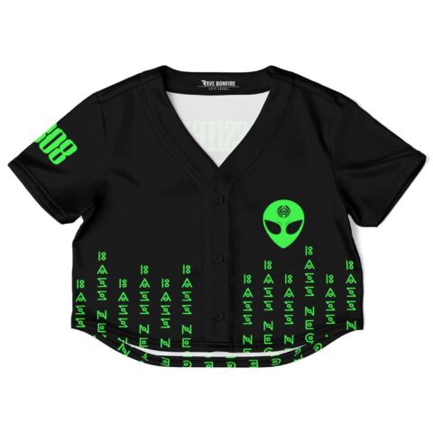 Black crop top jersey with green alien graphics and bass-inspired text