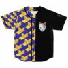 Purple yellow geometric rave baseball jersey with fox mask patch, front flat lay