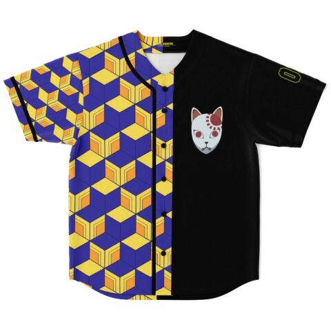 Purple yellow geometric rave baseball jersey with fox mask patch, front flat lay