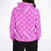 Pink monogram rave hoodie with diagonal Riddim text back view