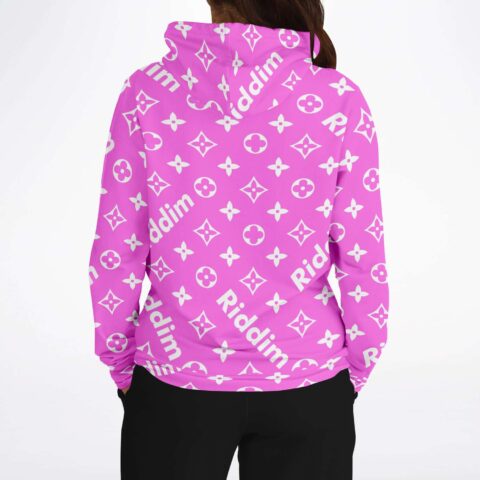 Pink monogram rave hoodie with diagonal Riddim text back view