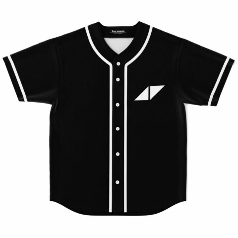 Black rave baseball jersey with white split-triangle logo on chest, front view