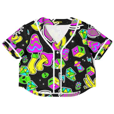 Black crop top with colorful trippy shapes and mushroom design