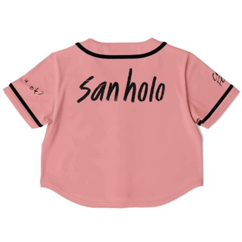 Back view of pink crop top featuring bold text design