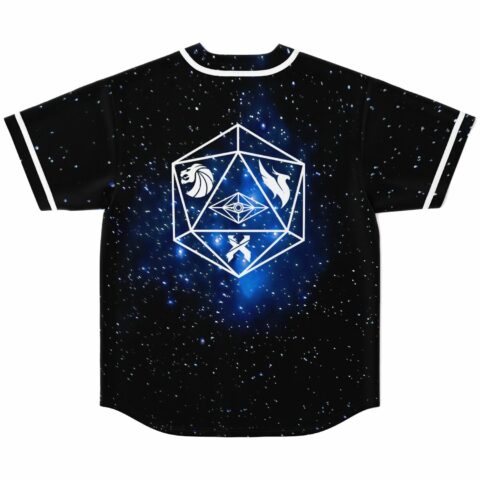 Back view of galaxy jersey featuring geometric icosahedron emblem with lion and eye symbols