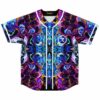 Front view of kaleidoscopic mirrored rave baseball jersey in acid marble swirl colors, white piping