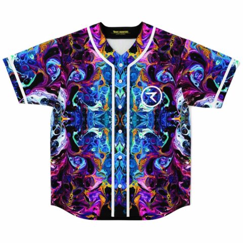 Front view of kaleidoscopic mirrored rave baseball jersey in acid marble swirl colors, white piping