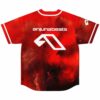 Red galaxy rave baseball jersey back view with anjunabeats logo and nebula print