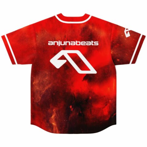 Red galaxy rave baseball jersey back view with anjunabeats logo and nebula print