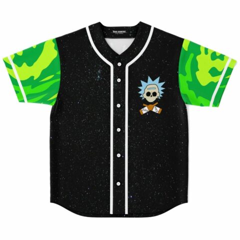 Cartoon-style skull jersey with green camo sleeves and starry black base front view