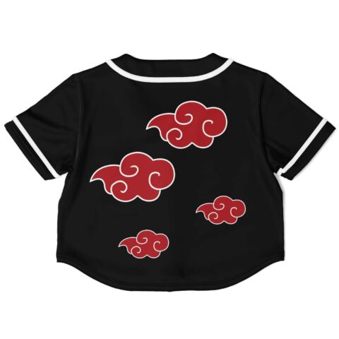 Red anime-inspired cloud print scattered across black crop jersey back with white collar trim