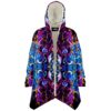 Kaleidoscopic acid swirl cloak open front showing cream fleece lining and hood